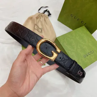 Gucci Horsebit 1955 Black Gold Embossed GG Monogram G-Shaped Buckle Leather Belt