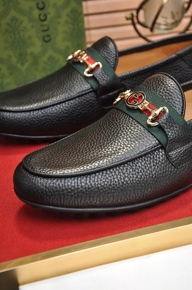 Gucci Horsebit 1955 Black Pebbled Leather Web Strap Loafers 3