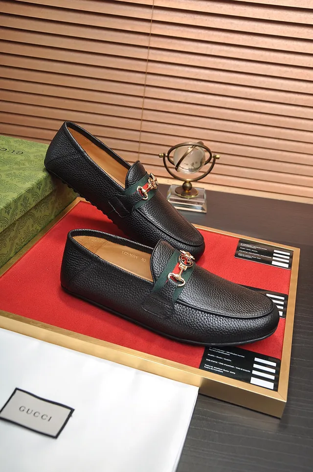 Gucci Horsebit 1955 Black Pebbled Leather Web Strap Loafers 4