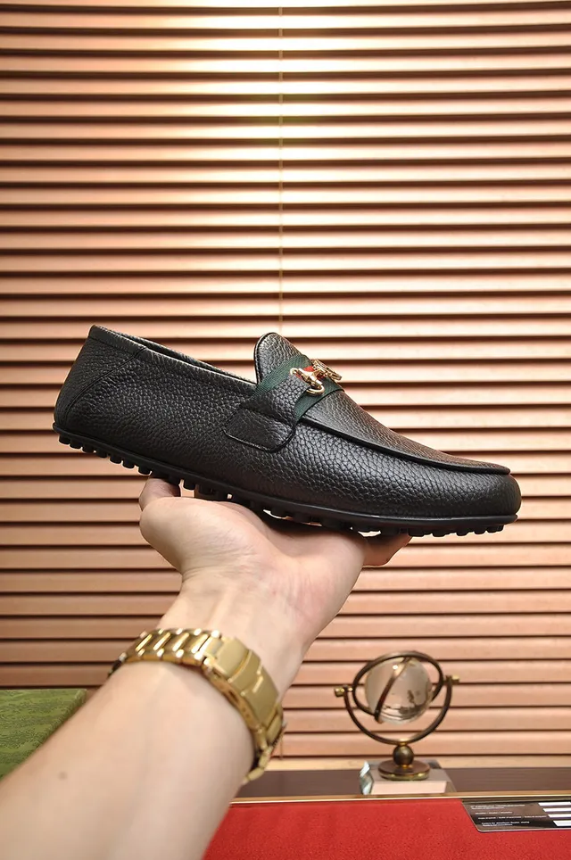 Gucci Horsebit 1955 Black Pebbled Leather Web Strap Loafers 8