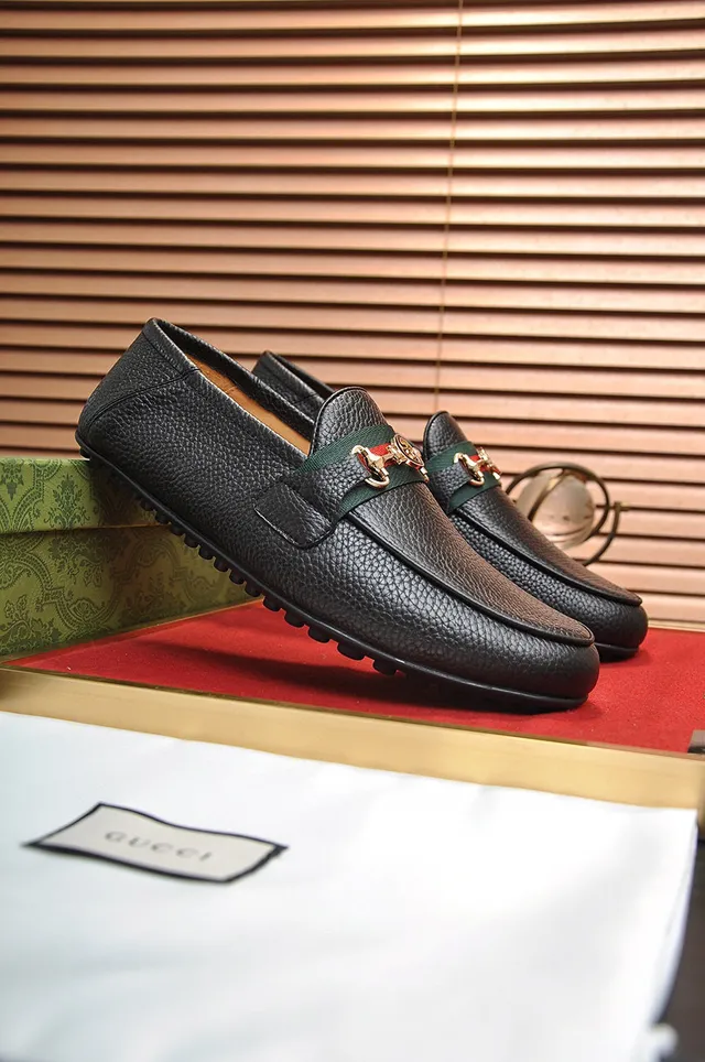 Gucci Horsebit 1955 Black Pebbled Leather Web Strap Loafers 9