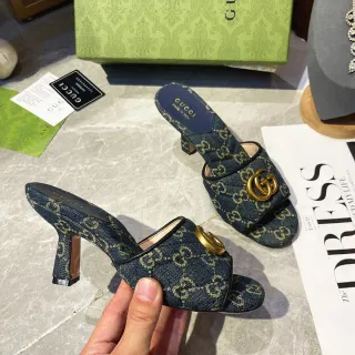 Gucci Horsebit 1955 Blue Gold GG Monogram Denim Buckle Casual Sandals