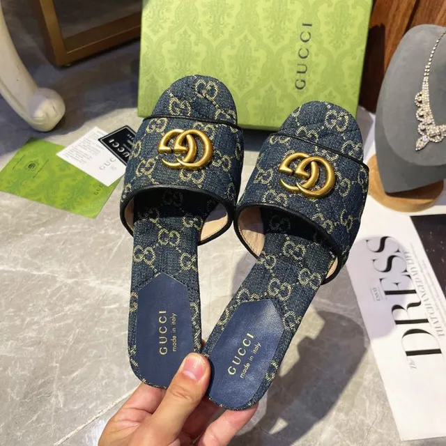 Gucci Horsebit 1955 أزرق ذهبي GG Monogram جينز إبزيم كاجوال صندل 3