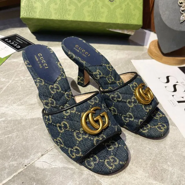 Gucci Horsebit 1955 أزرق ذهبي GG Monogram جينز إبزيم كاجوال صندل 4