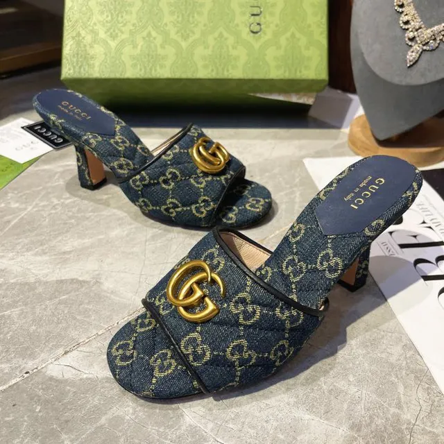 Gucci Horsebit 1955 أزرق ذهبي GG Monogram جينز إبزيم كاجوال صندل 6