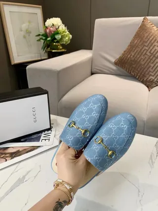 Gucci Horsebit 1955 Light Blue Monogram Loafers 6
