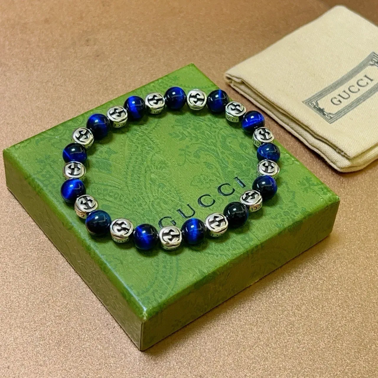Gucci Interlocking G Beaded Bracelet Blue Silver Logo Bracelet 2