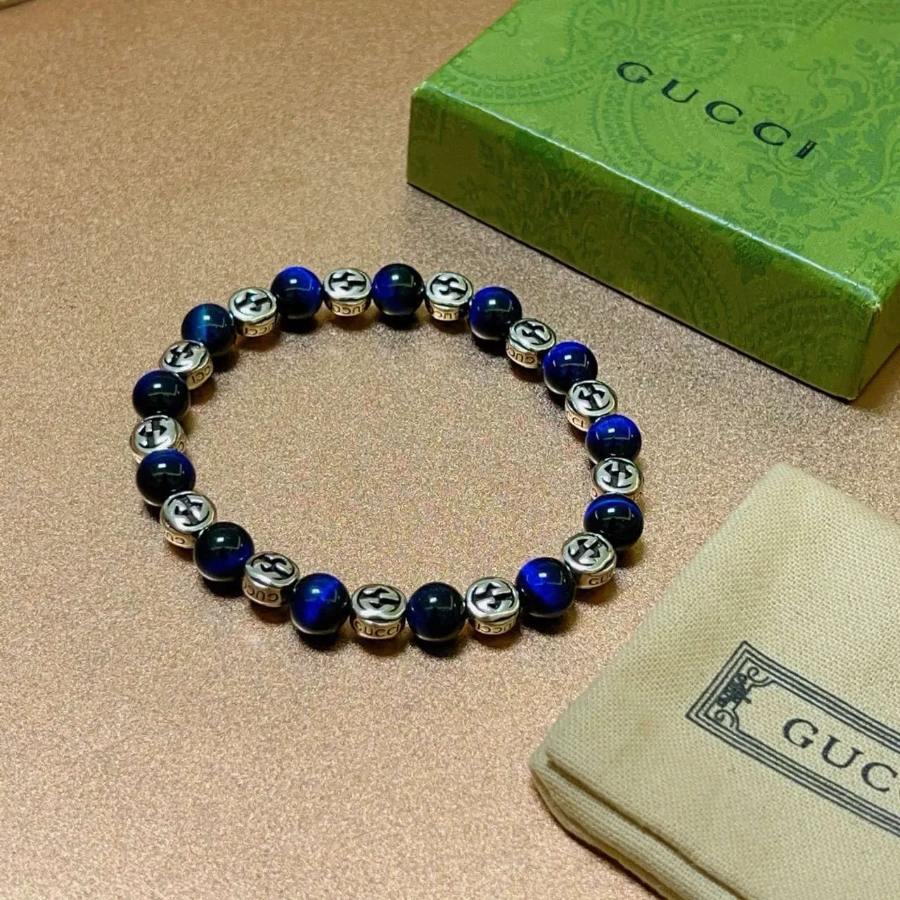 Gucci Interlocking G Beaded Bracelet Blue Silver Logo Bracelet 3
