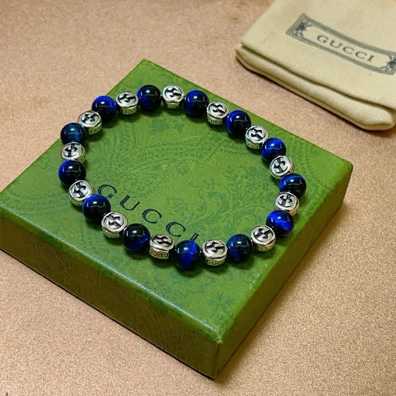 Gucci Interlocking G Beaded Bracelet Blue Silver Logo Bracelet 4