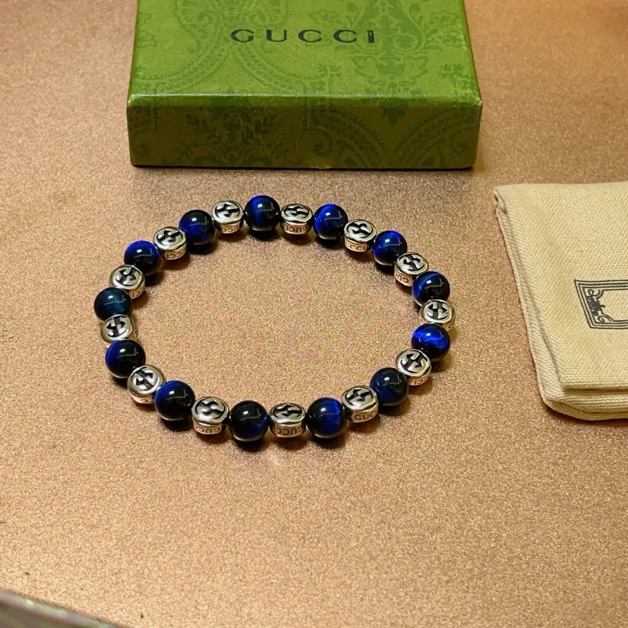 Gucci Interlocking G Beaded Bracelet Blue Silver Logo Bracelet 6