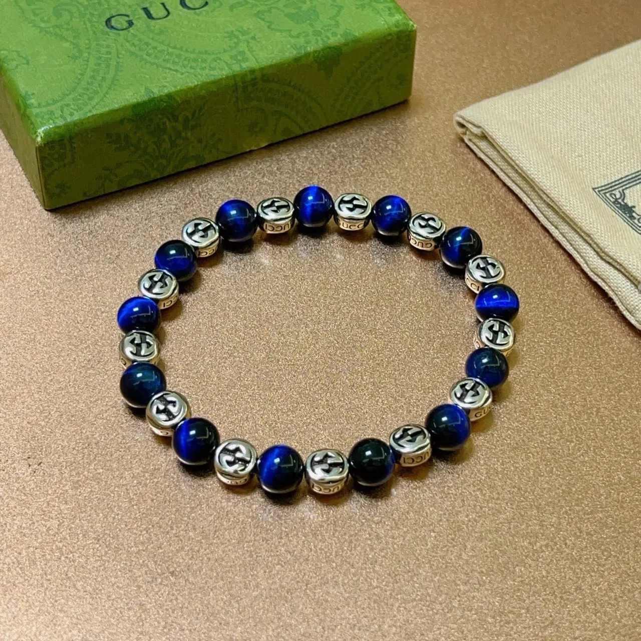 Gucci Interlocking G Beaded Bracelet Blue Silver Logo Bracelet 9