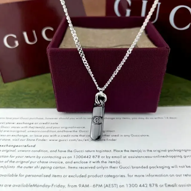 Gucci Interlocking G Pendant Silver Black Chain Rectangular Necklace 5