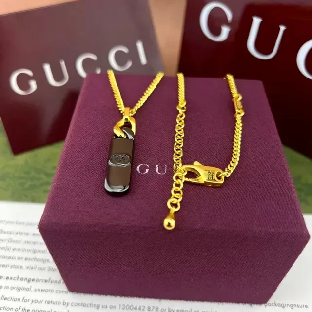 Gucci Interlocking G Pendant Silver Black Chain Rectangular Necklace 6
