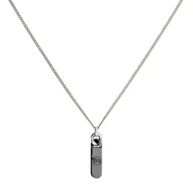 Gucci Interlocking G Pendant Silver Black Chain Rectangular Necklace 9