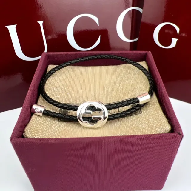 Gucci Interlocking G Red and Green Braided Leather Bracelet 5