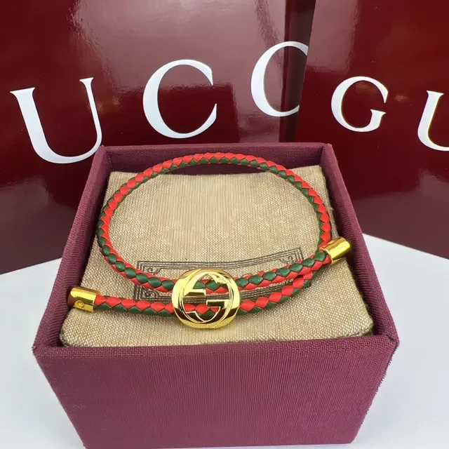 Gucci Interlocking G Red and Green Braided Leather Bracelet 6