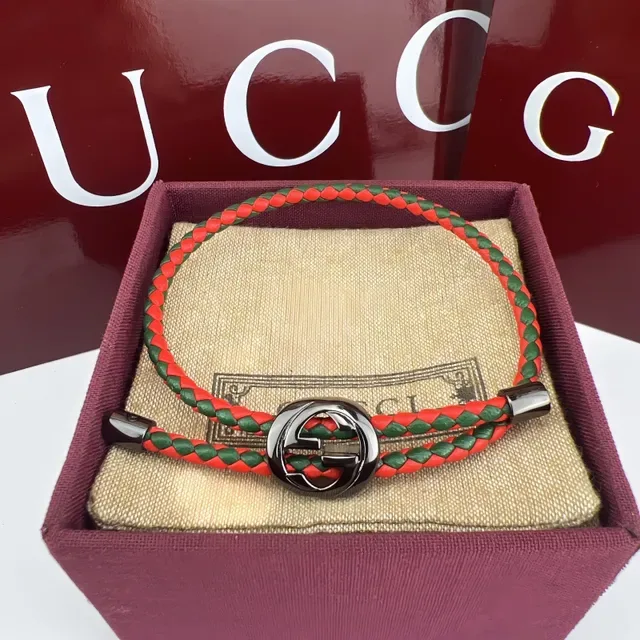 Gucci Interlocking G Red and Green Braided Leather Bracelet 7