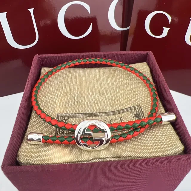 Gucci Interlocking G Red and Green Braided Leather Bracelet 8