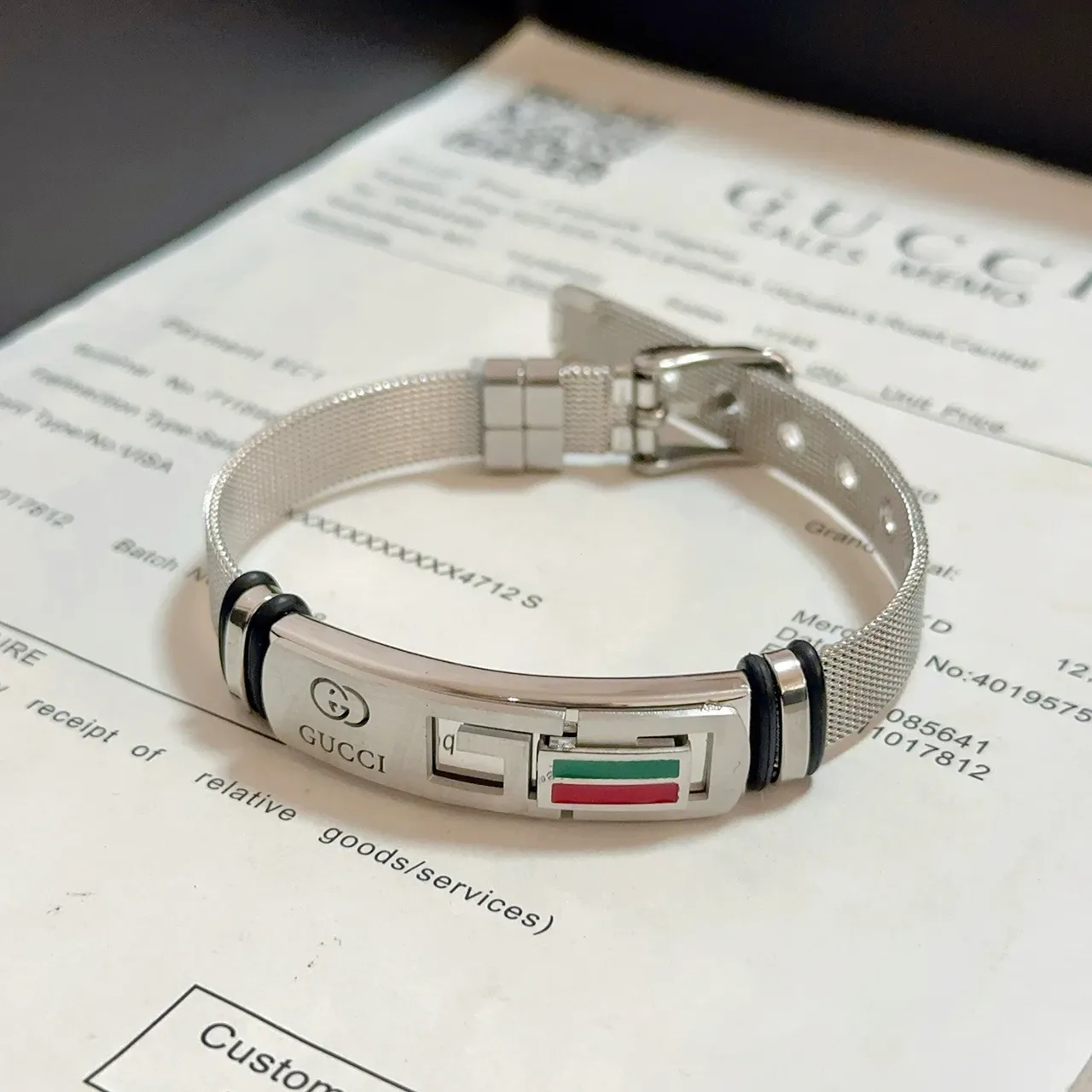 Gucci Interlocking G Silver Multicolor Metal Mesh Band Engraved Plaque Bracelet 1