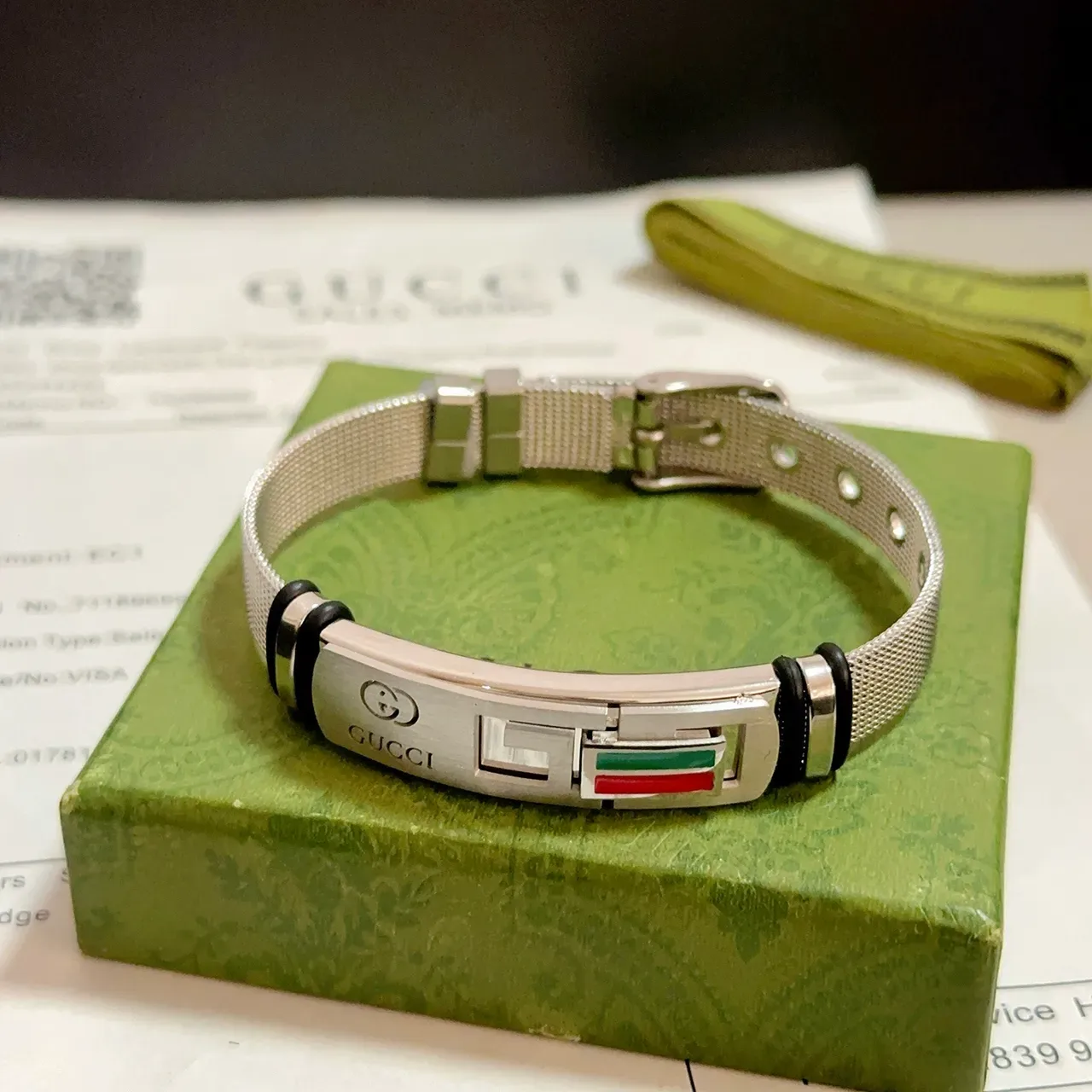 Gucci Interlocking G Silver Multicolor Metal Mesh Band Engraved Plaque Bracelet 9