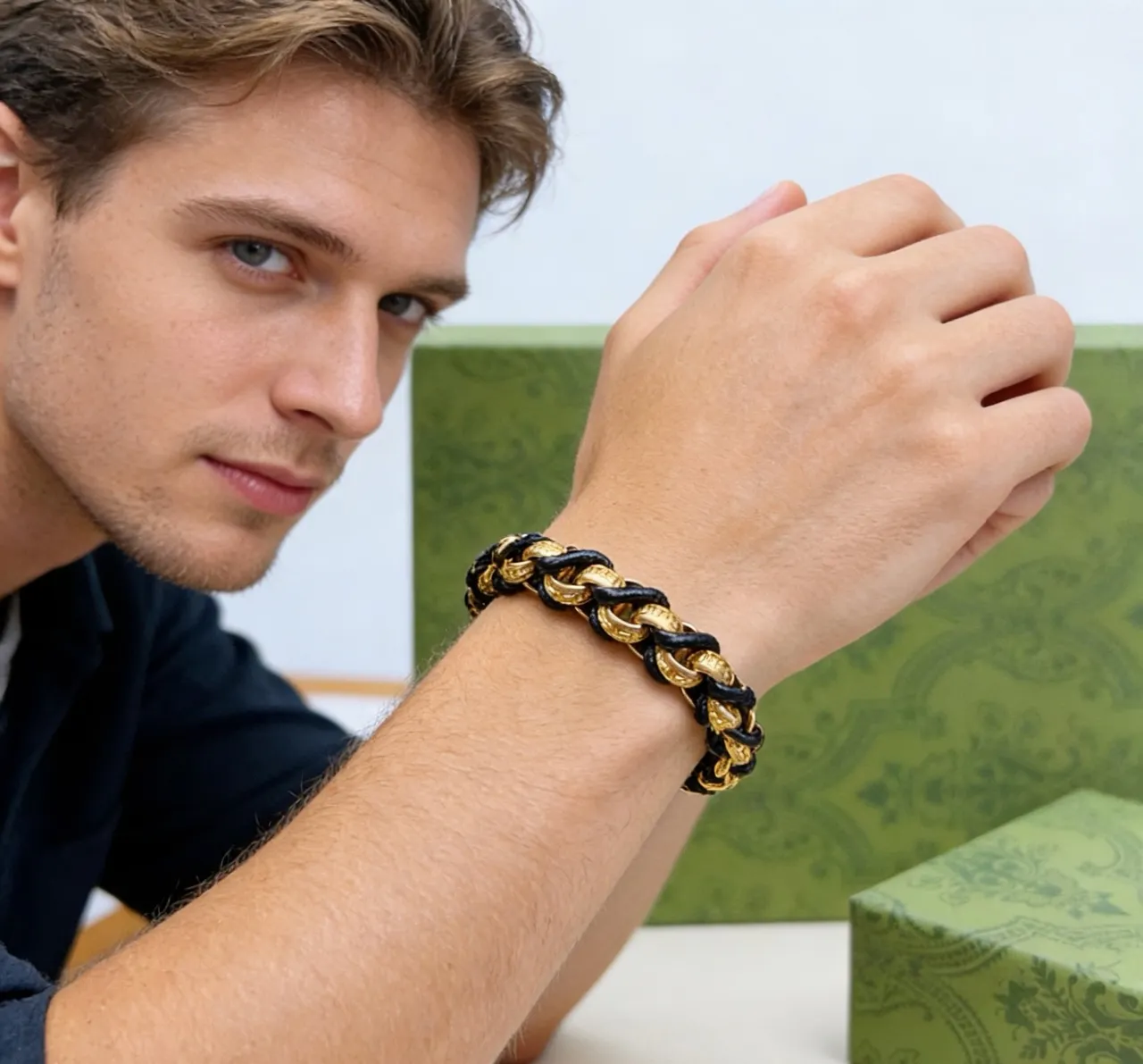 Gucci Interwoven Gold and Black Leather Chain Bracelet 3