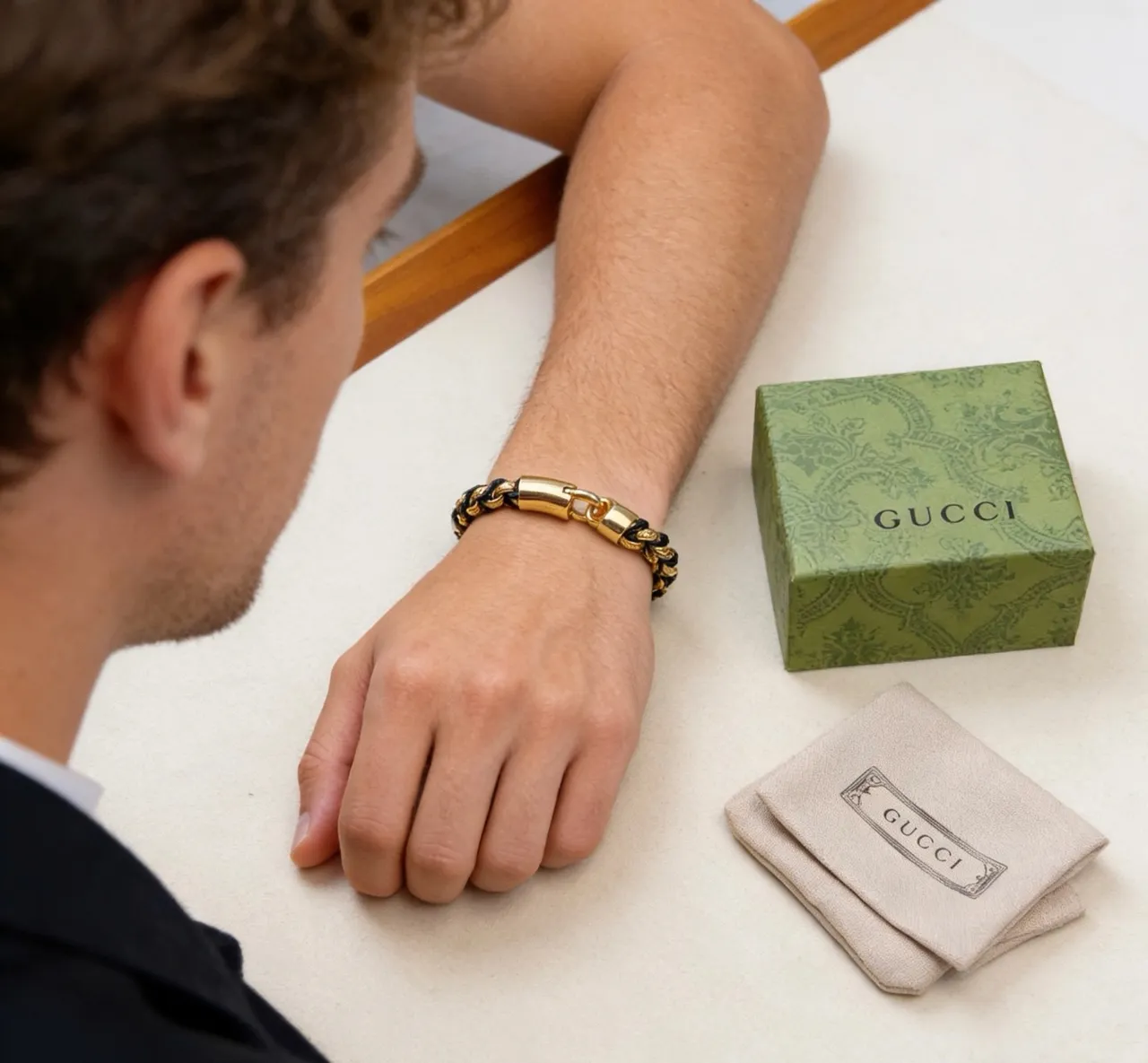Gucci Interwoven Gold and Black Leather Chain Bracelet 8