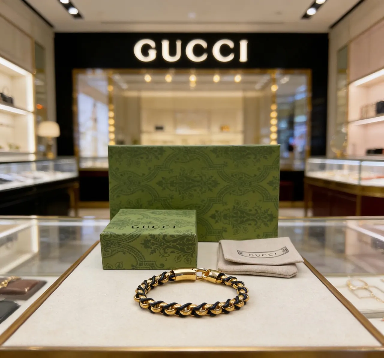 Gucci Interwoven Gold and Black Leather Chain Bracelet 9