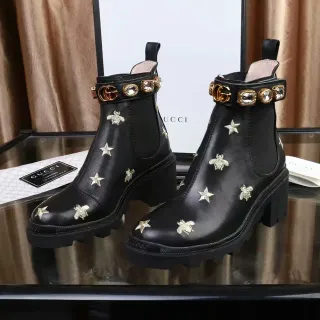Gucci Le Cagole Black Leather Embroidered Bee and Star Ankle Boots