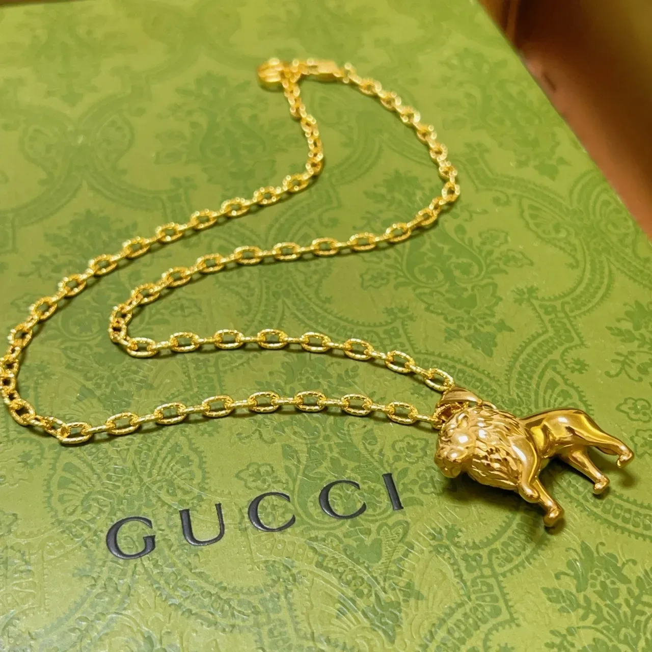 Gucci Lion Pendant Polished Gold-Tone Necklace 4