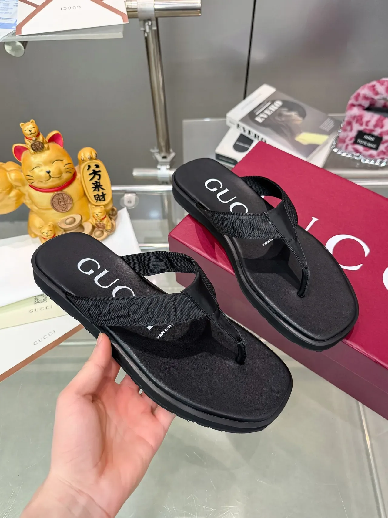 Gucci Logo Strap Flip-Flops Black Platform Sole Woven Slippers 5