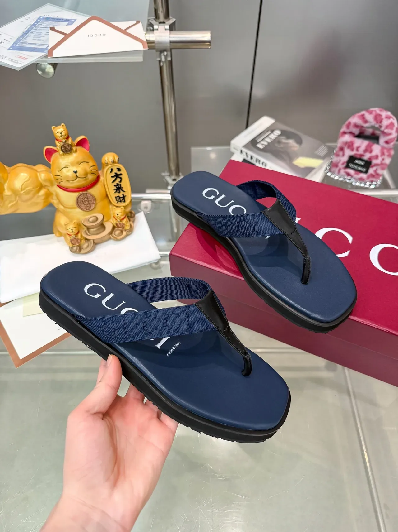 Gucci Logo Strap Flip-Flops Black Platform Sole Woven Slippers 6