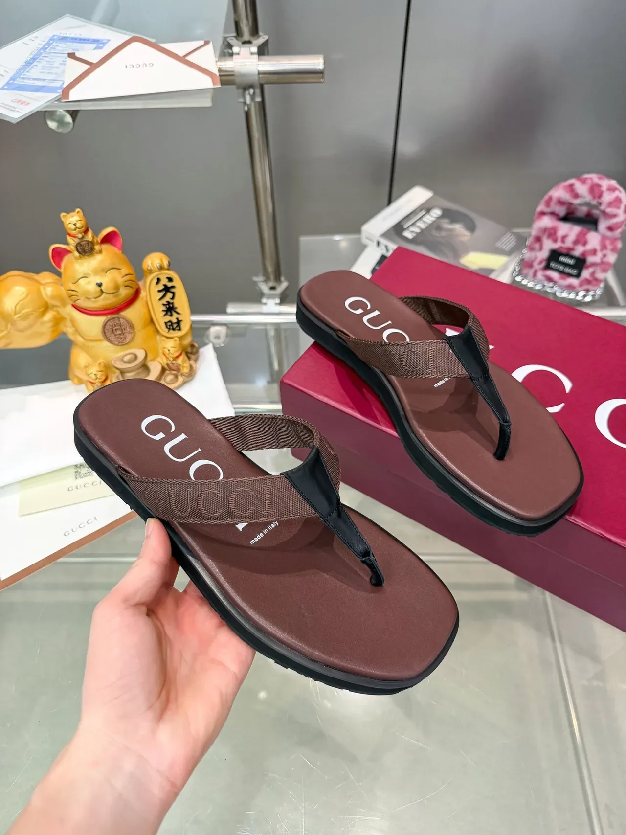 Gucci Logo Strap Flip-Flops Black Platform Sole Woven Slippers 7