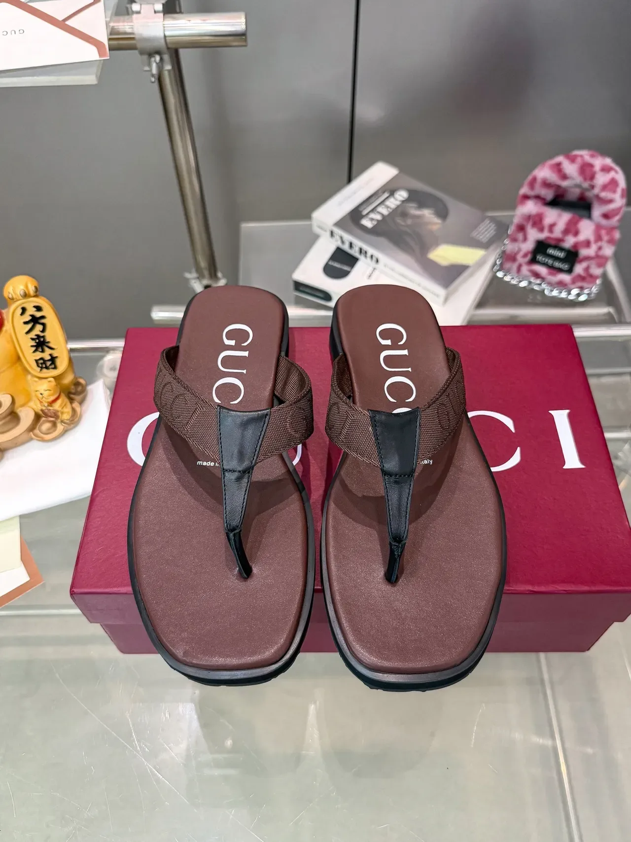 Gucci Logo Strap Flip-Flops Black Platform Sole Woven Slippers 10