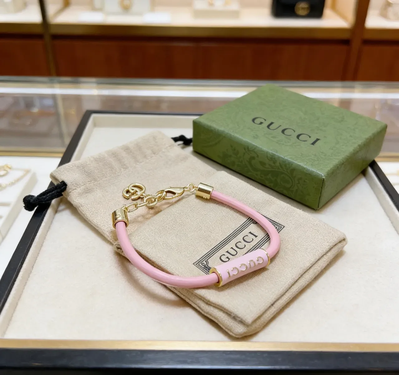Gucci Logo Tube Pink Enamel Bracelet 7