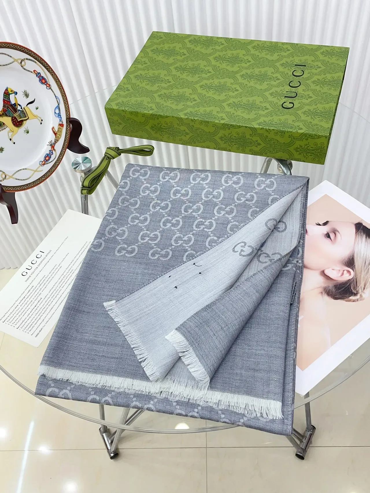 Gucci Monogram-Printed Gray Silk Scarf 4