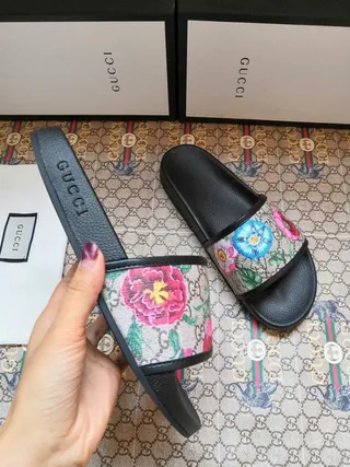 Gucci Multicolor Black Floral-Print Strap GG Monogram Canvas Slippers 4
