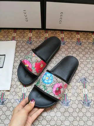 Gucci Multicolor Black Floral-Print Strap GG Monogram Canvas Slippers 6