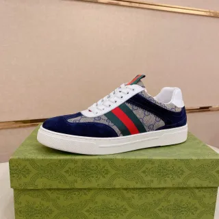 Gucci Navy Beige Monogram Canvas Suede Overlays Lifestyle Sneakers