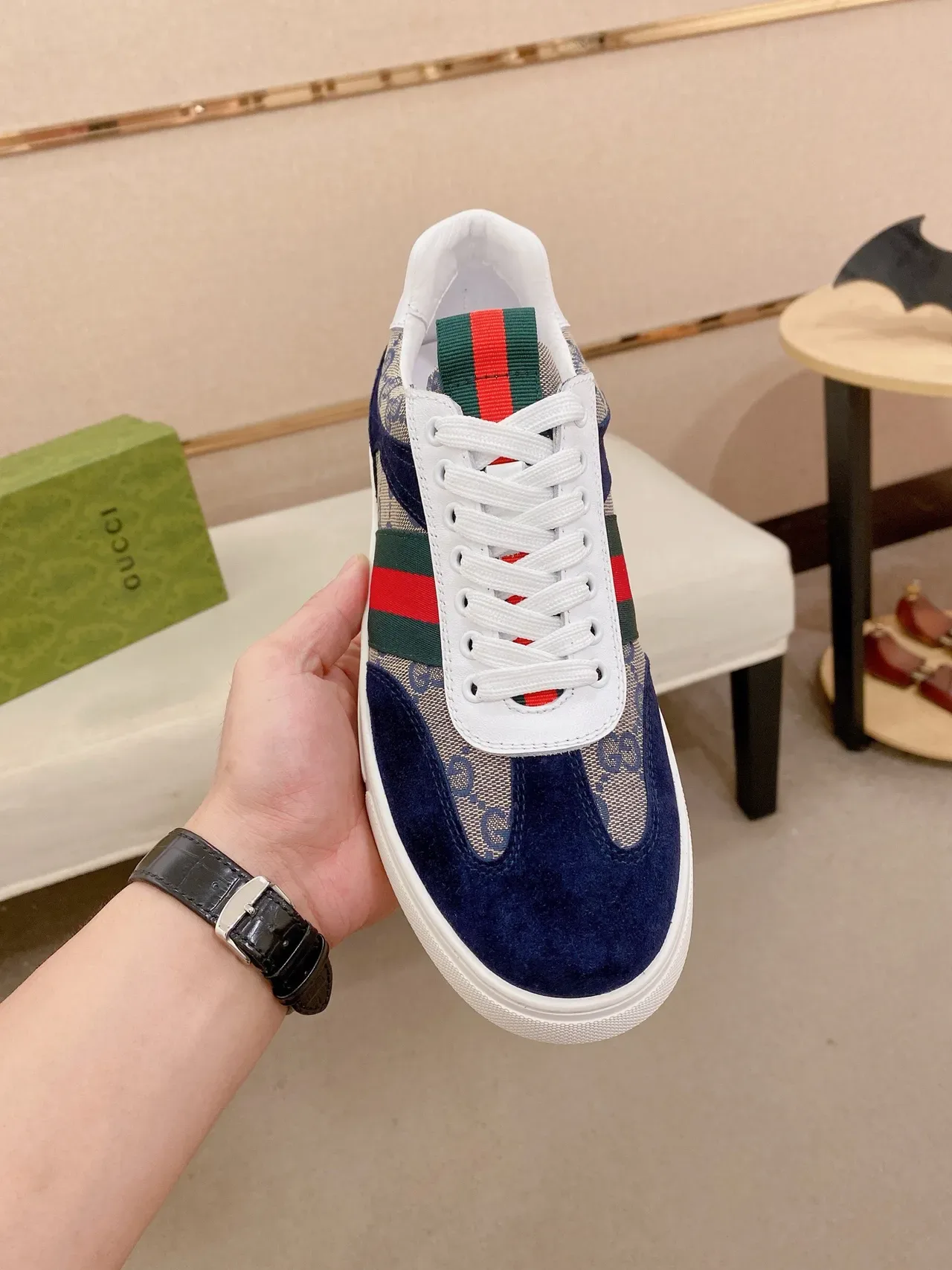 Gucci Navy Beige Monogram Canvas Suede Overlays Lifestyle Sneakers 2