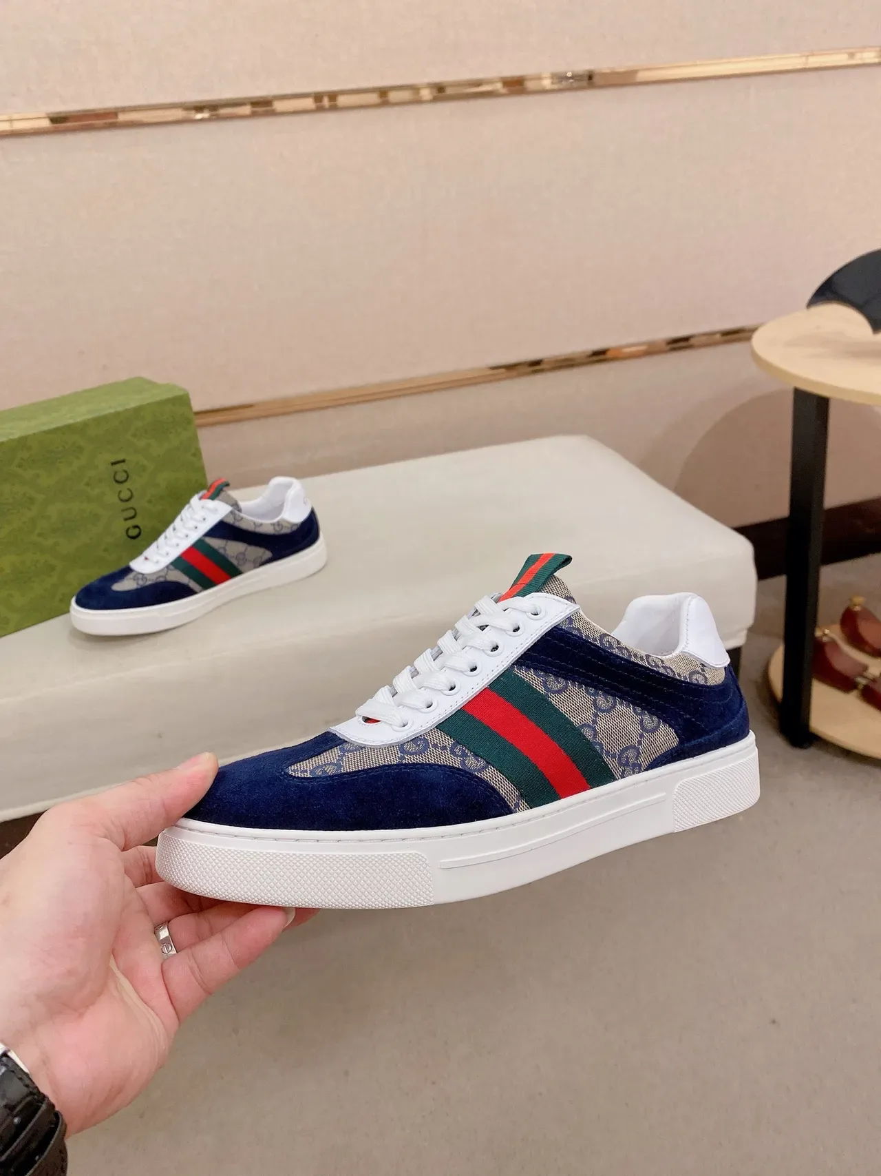 Gucci Navy Beige Monogram Canvas Suede Overlays Lifestyle Sneakers 3