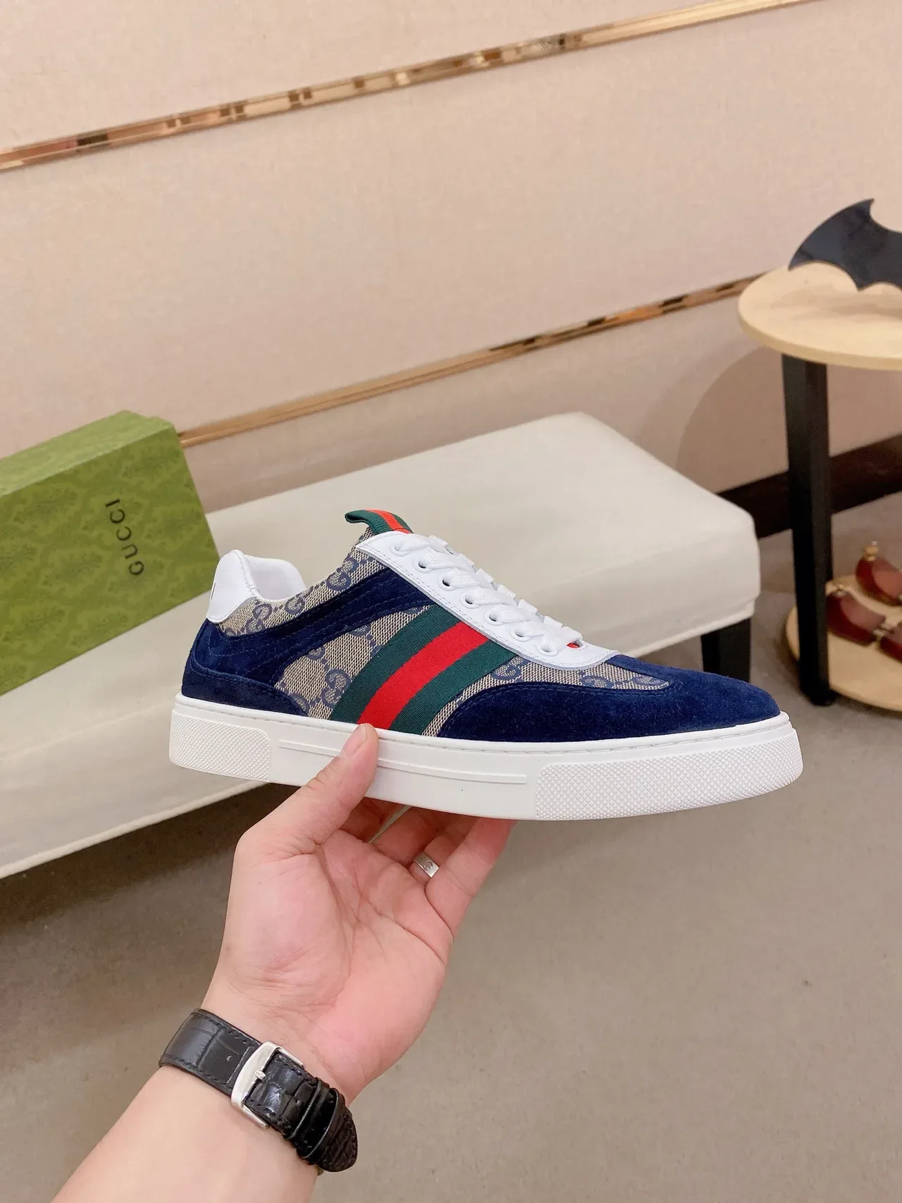 Gucci Navy Beige Monogram Canvas Suede Overlays Lifestyle Sneakers 4