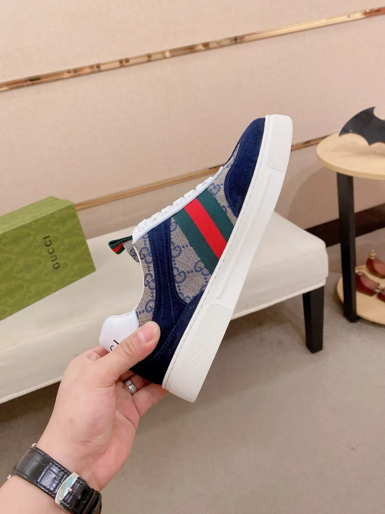Gucci Navy Beige Monogram Canvas Suede Overlays Lifestyle Sneakers 5