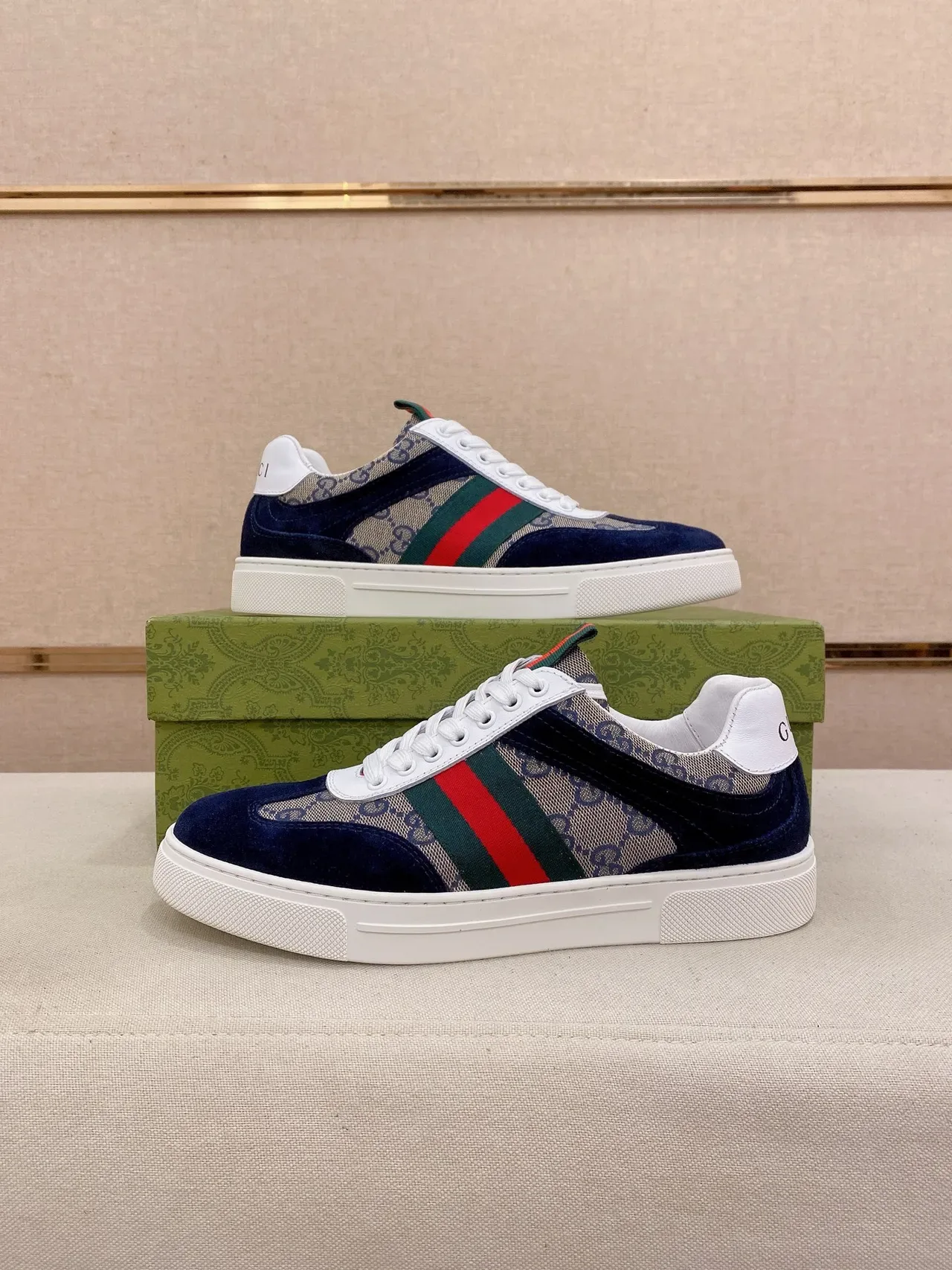 Gucci Navy Beige Monogram Canvas Suede Overlays Lifestyle Sneakers 7