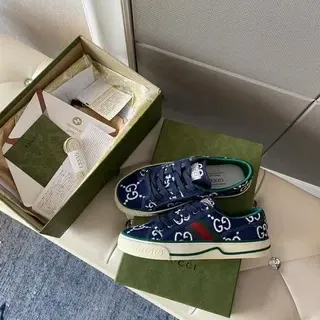 Gucci Navy Green GG Monogram Canvas Web Stripe Accent Lifestyle Sneakers