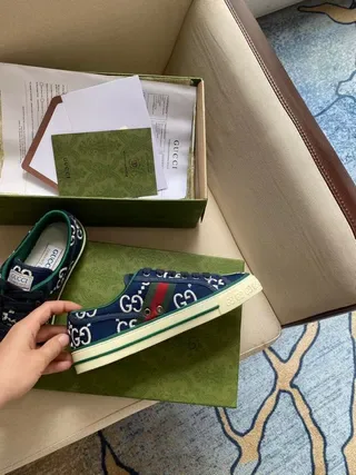 Gucci Navy Green GG Monogram Canvas Web Stripe Accent Lifestyle Sneakers 4