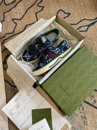 Gucci Navy Green GG Monogram Canvas Web Stripe Accent Lifestyle Sneakers 6