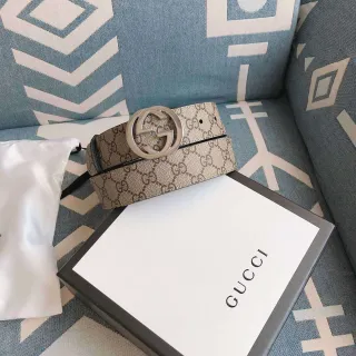 গুসি ওফিডিয়া বেইজ ব্রাউন GG Monogram ক্যানভাস ইন্টারলকিং G বাকেল চামড়ার বেল্ট