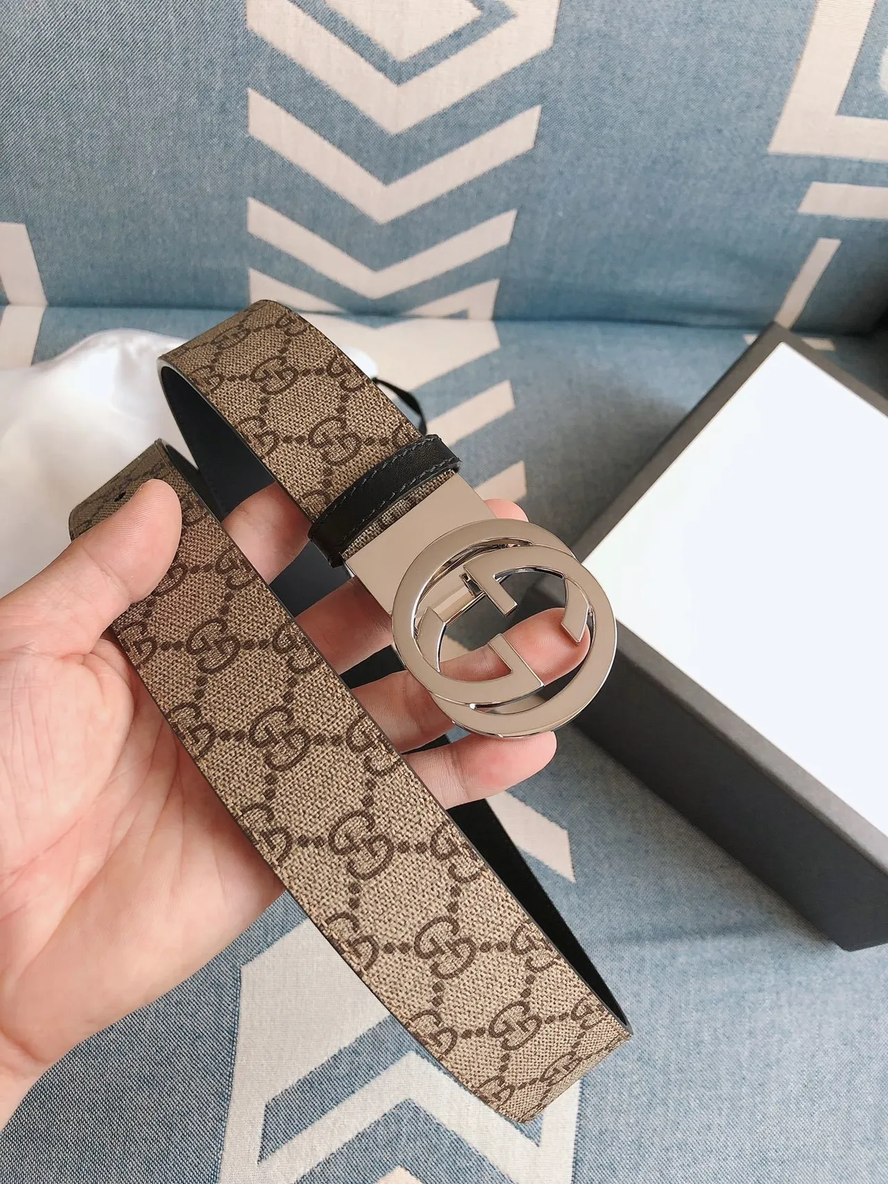 Gucci Ophidia Beige Brown GG Monogram Canvas Interlocking G Buckle Leather Belt 2