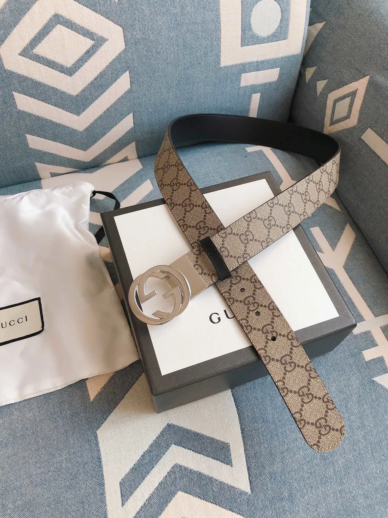 Gucci Ophidia Beige Brown GG Monogram Canvas Interlocking G Buckle Leather Belt 3