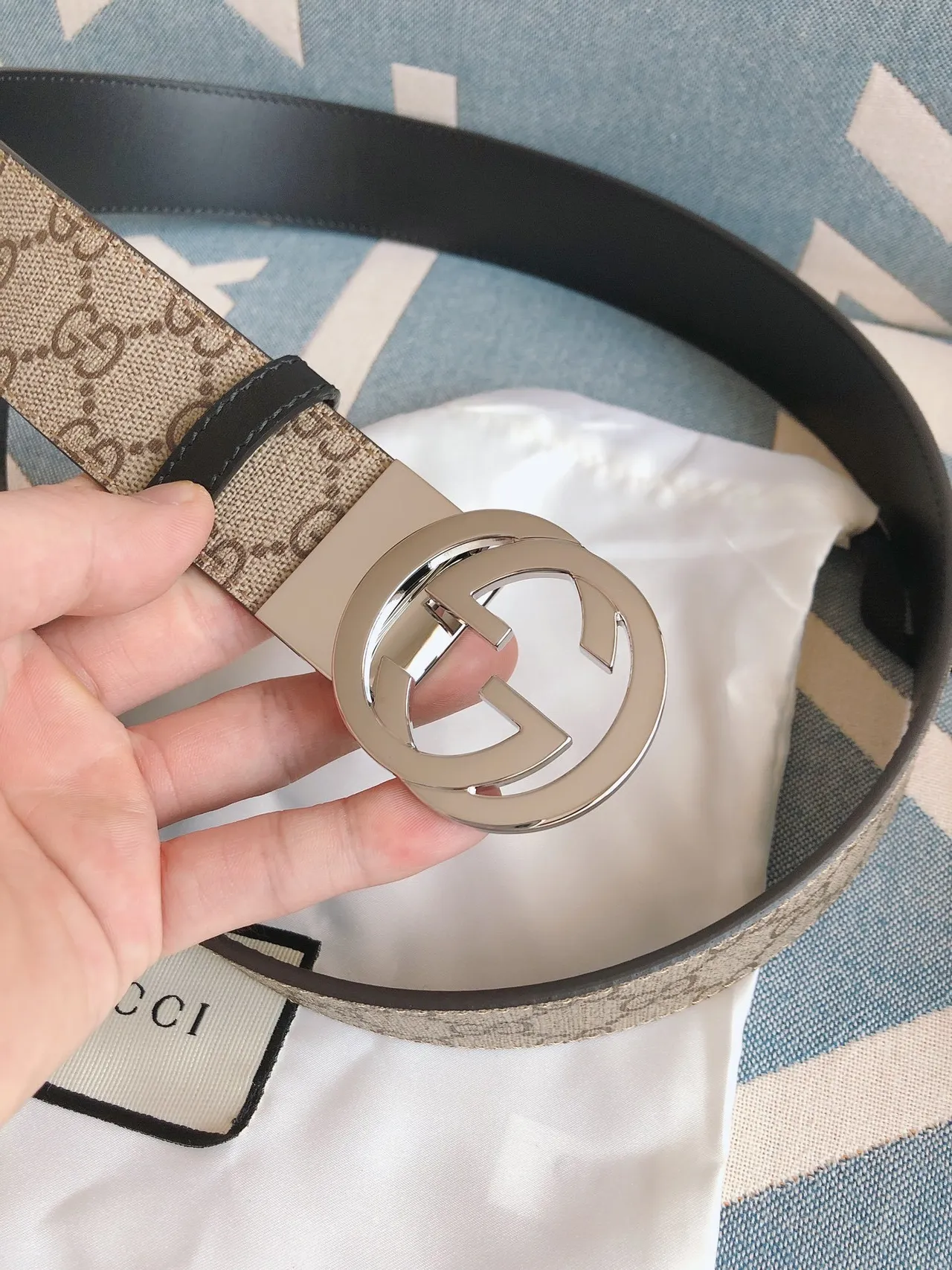 Gucci Ophidia Beige Brown GG Monogram Canvas Interlocking G Buckle Leather Belt 6